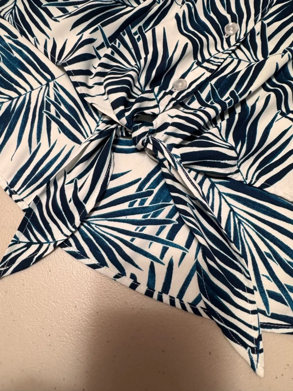 Chico's women’s plus Navy and White Palm-Print Tie-Front Blouse